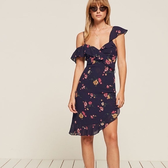 Reformation Dresses & Skirts - Reformation Adora Dress Off Shoulder Asymmetrical Blue Floral Wrap Midi Size 2